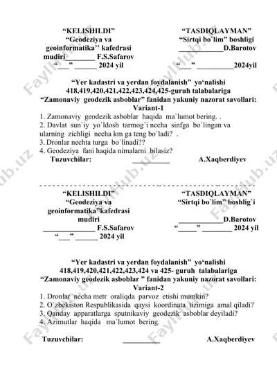 yakuniy nazorat savollari "zamonaviy geodezik asboblar" fanidan — DOCX