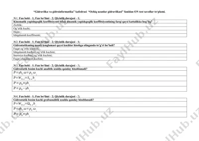 ochiq uzanlar gidravlikasi fanidan оn test savollar to‘plami — DOCX