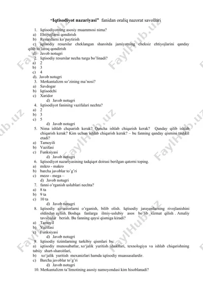 iqtisodiyot nazariyasi fanidan oraliq nazorat savollari — DOCX