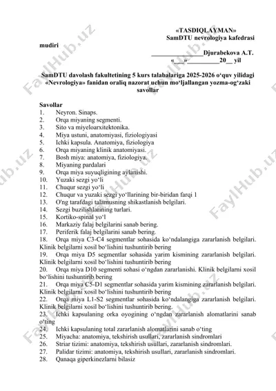 nevrologiya fanidan oraliq nazorat uchun mo‘ljallangan yozma-og‘zaki savollar — DOCX