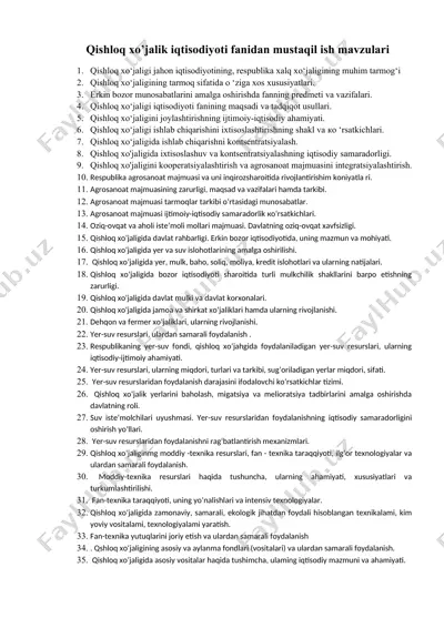 qishloq xo’jalik iqtisodiyoti fanidan mustaqil ish mavzulari — DOCX