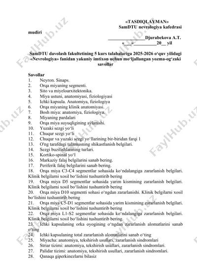 "nevrologiya imtihon savollari" — DOCX