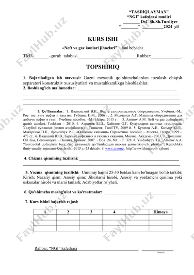 gazni mexanik qo‘shimchalardan tozalash chiqish separatori konstruktiv xususiyatlari va mustahkamlikga hisoblashlar kurs ishi — DOC