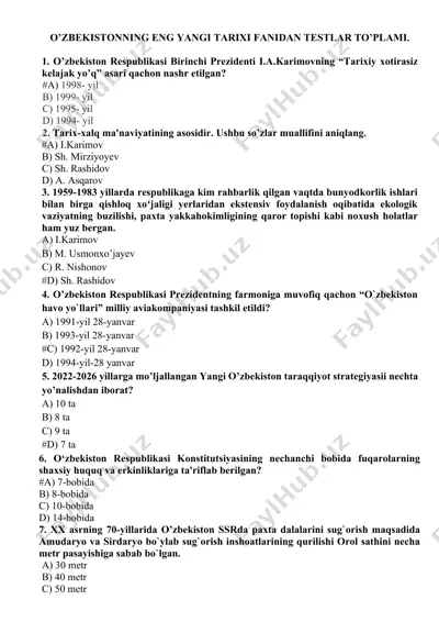 o’zbekistonning eng yangi tarixi fanidan testlar to’plami — DOCX