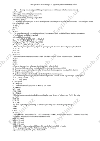 dexqonchilik melioratsiya va agrokimyo fanidan test savollari — DOCX