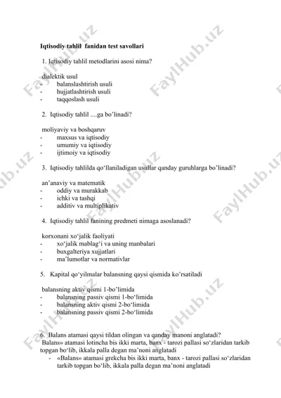iqtisodiy tahlil fanidan test savollari — DOCX