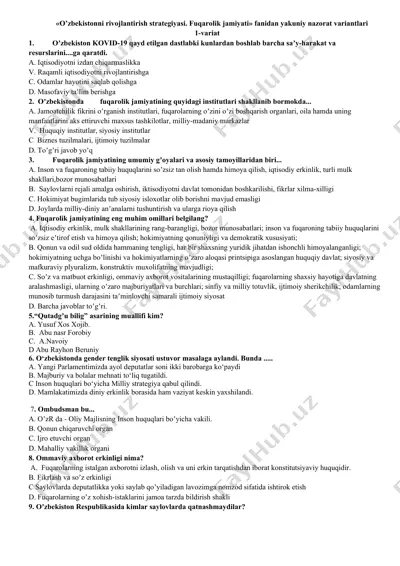 o’zbekistonni rivojlantirish strategiyasi. fuqarolik jamiyati fanidan yakuniy nazorat variantlari — DOCX