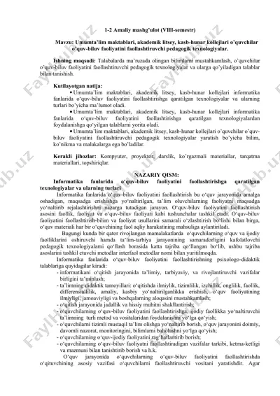 umumta’lim maktablari, akademik litsey, kasb-hunar kollejlari o’quvchilar o’quv-biluv faoliyatini faollashtiruvchi pedagogik texnologiyalar — DOC