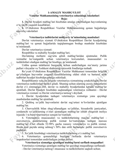vazirlar mahkamasining veterinariya sohasidagi vakolatlari — DOC