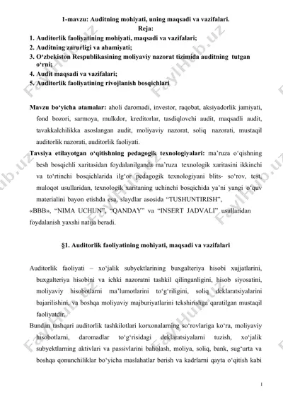 auditorlik faoliyati mohiyati, maqsadi va vazifalari — DOCX