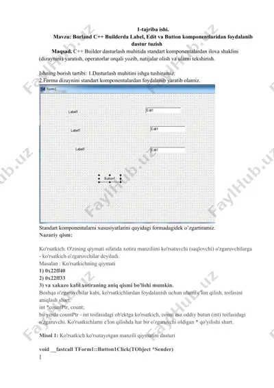 borland c++ builderda label, edit va button komponentlaridan foydalanib dastur tuzish — DOCX