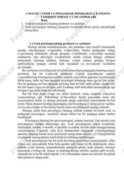 yosh va pedagogik psixologiya fanining tadqiqot sohasi va muammolari — DOCX