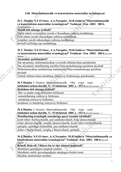 materialshunoslik va konstruksion materiallar texnologiyasi — DOC