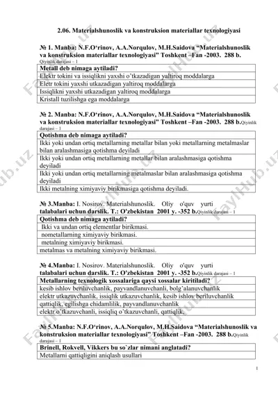 materialshunoslik va konstruksion materiallar texnologiyasi — DOC