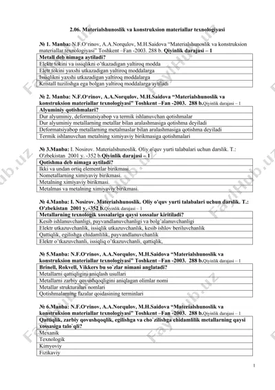 materialshunoslik va konstruksion materiallar texnologiyasi — DOC