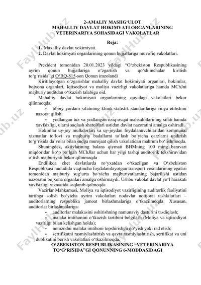 amaliy mashg'ulotning mahalliy davlat hokimyati organlarining veterinariya sohasidagi vakolatlari — DOC