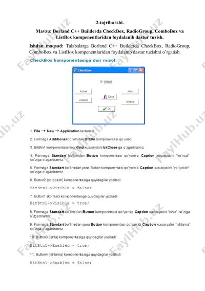 checkbox, radiogroup, combobox va listbox komponentlaridan foydalanib dastur tuzish — DOCX
