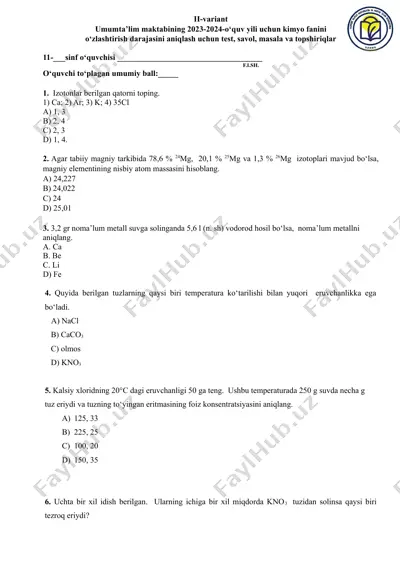 kimyo fanini o‘zlashtirish uchun test, savol, masala va topshiriqlar — DOC