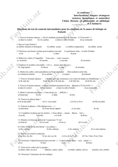 test de controle intermediaire pour les etudiants de 3e annee de biologie en français — DOCX