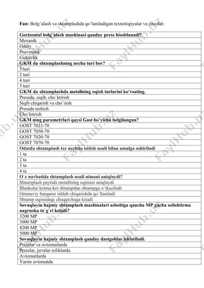 bolg’alash va shtamplashda qo’laniladigan texnologiyalar va jihozlar — DOC