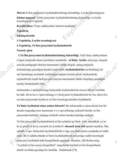 ta'lim jarayonini loyihalashtirishning dolzarbligi. loyiha texnologiyasi — DOCX