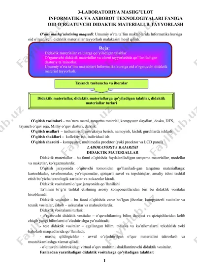 informatika va axborot texnologiyalari faniga oid o'rgatuvchi didaktik materiallar tayyorlash — DOC