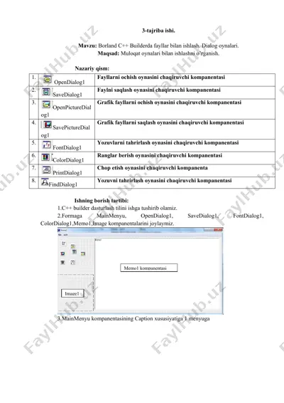 borland c++ builderda fayllar bilan ishlash. dialog oynalari. — DOCX