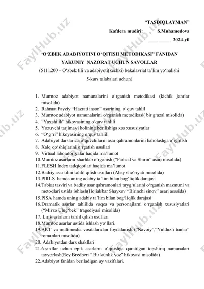 o‘zbek adabiyotini o‘qitish metodikasi fanidan yakuniy nazorat uchun savollar — DOCX