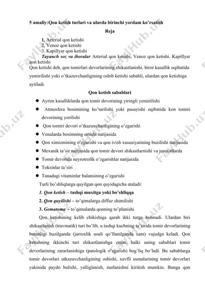 qon ketish turlari va ularda birinchi yordam ko’rsatish — DOCX