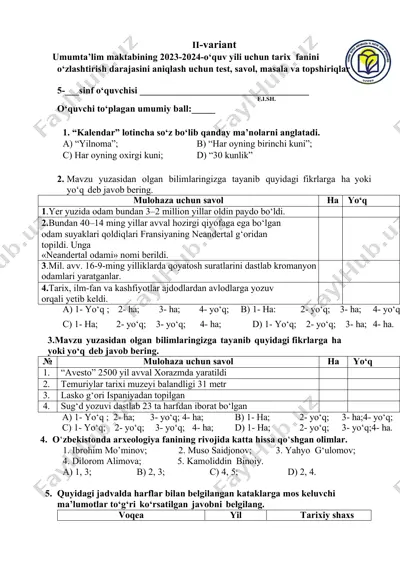 tarix fanini o‘zlashtirish test savollari — DOCX