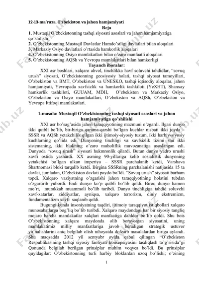 mustaqil o'zbekistonning tashqi siyosati asoslari va jahon hamjamiyatiga qo'shilishi — DOC