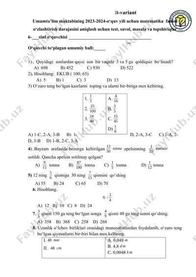 umumta’lim maktabining 2023-2024-o‘quv yili uchun matematika fanini o‘zlashtirish darajasini aniqlash uchun test, savol, masala va topshiriqlar — DOCX