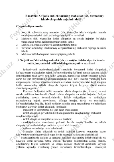 xo’jalik sub`ektlarining mahsulоt (ish, xizmatlar) ishlab chiqarish hajmini tahlili — DOC