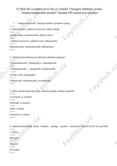 adabiyotshunoslik asoslari test savollari — DOCX
