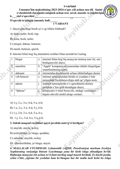 ona tili fanini o‘zlashtirish darajasini aniqlash uchun test, savol, masala va topshiriqlar — DOCX