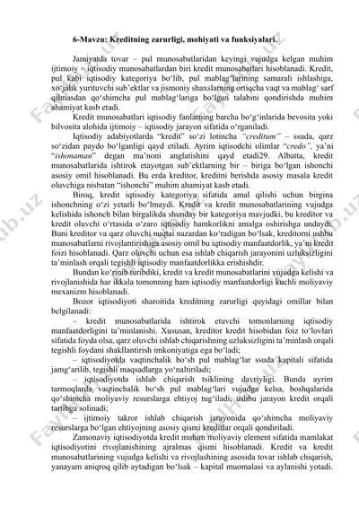 kreditning zarurligi, mohiyati va funksiyalari — DOCX