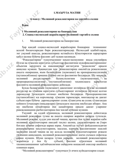 молиявий режалаштириш ва тартибга солиш — DOCX