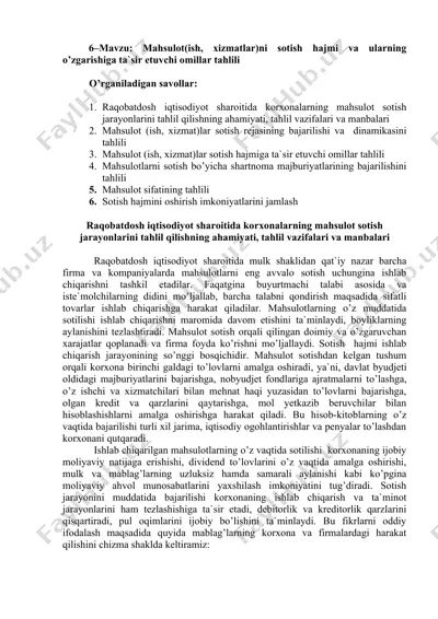 mahsulot(ish, xizmatlar)ni sotish hajmi va ularning o’zgarishiga ta`sir etuvchi ommilar tahlili — DOC