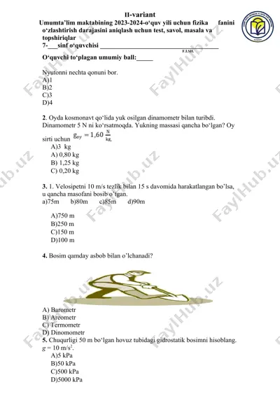 fizika fanini o‘zlashtirish uchun test, savol, masala va topshiriqlar — DOC