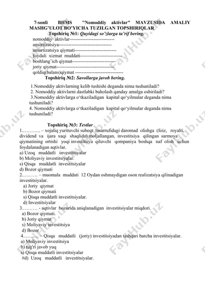 7-sonli bhms "nomoddiy aktivlar" mavzusida amaliy mashg’ulot bo’yicha tuzilgan topshiriqlar — DOCX