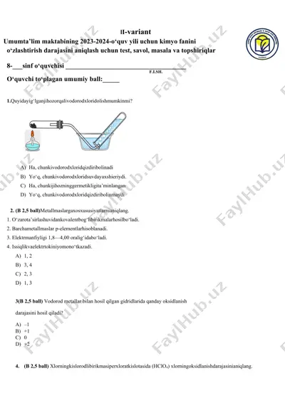kimyo fanini o‘zlashtirish darajasini aniqlash uchun test, savol, masala va topshiriqlar — DOCX