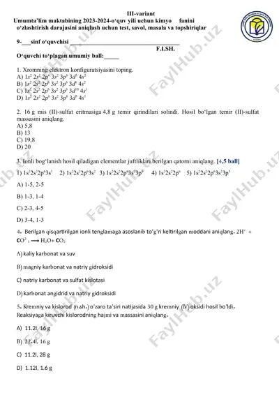 kimyo fanini o‘zlashtirish darajasini aniqlash uchun test, savol, masala va topshiriqlar — DOCX