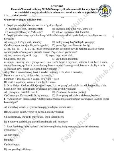ona tili va adabiyot fanini o'zlashtirish uchun test savollari — DOCX