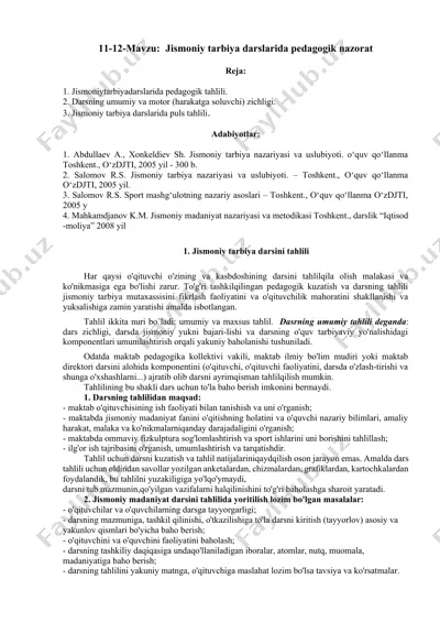 jismoniy tarbiya darslarida pedagogik nazorat — DOCX