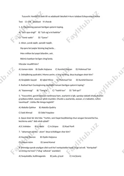 test 11-sinf adabiyot — DOC