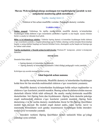 web-texnologiyalarga asoslangan test topshiriqlarini yaratish va test natijalarini monitoring qilish metodikasi — DOCX