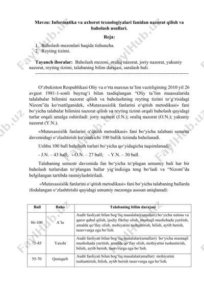 "mutaxassislik fanlarini o‘qitish metodikasi" fanidan nazorat qilish va baholash usullari — DOCX