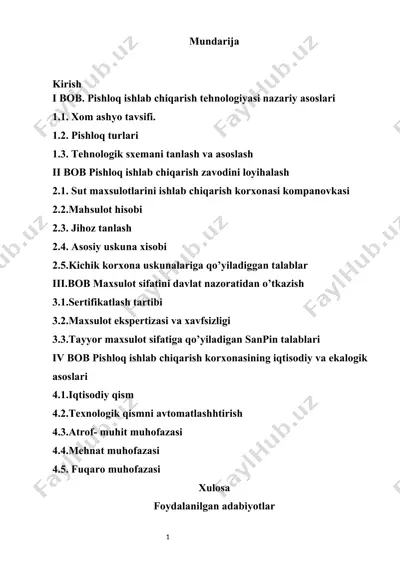 pishloq ishlab chiqarish tehnologiyasi nazariy asoslari va loyihalash — DOCX