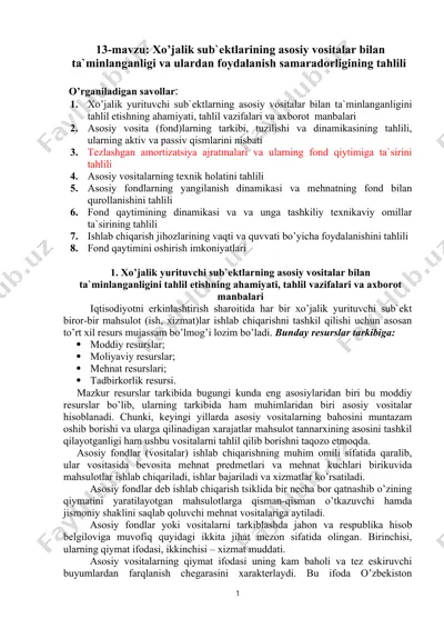 xo'jalik sub`ektlarining asosiy vositalar bilan ta'minlanganligi va ulardan foydalanish samaradorligining tahlili — DOC