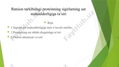 sigirlarning sut mahsul dorligi va proteinni — PPTX